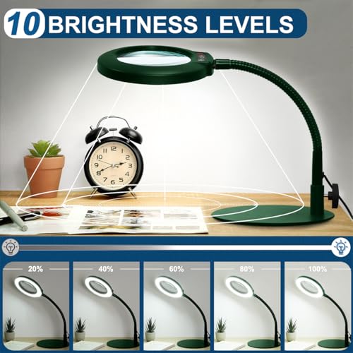 IVMAIE 12X Magnifying Glass with Light, Real Glass Lens, 5 Color Modes Dimmable, Flexible Gooseneck Lighted Magnifier with Stand, LED Desk Lamp Hands Free for Crafts Painting Reading Close Work, Green - color: Green