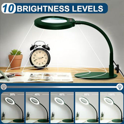 IVMAIE 12X Magnifying Glass with Light, Real Glass Lens, 5 Color Modes Dimmable, Flexible Gooseneck Lighted Magnifier with Stand, LED Desk Lamp Hands Free for Crafts Painting Reading Close Work, Green - color: Green