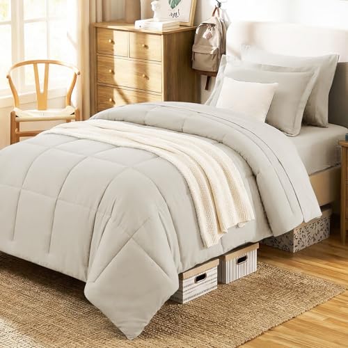 Twin XL Comforter Set, 5-Piece Bed in a Bag, Beige | College Dorm Ready, OEKO-TEX Certified, Box-Stitched Design, 240 GSM Fill, All-Season Comfort, Sheets, Pillowcase & Sham - color: Beige, size: Twin XL(68"x88")
