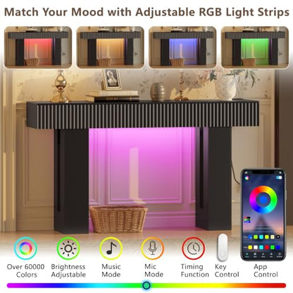 60-Inch Long Entryway Table with Built-in Power Outlet and App & Button-Controlled RGB Light, Thick Wood Farmhouse Console Table for Behind Sofa, Narrow Hallway, Living Room, Foyer, Entrance, Black - color: Black, size: 60 Inch