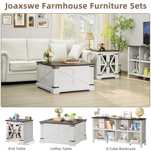 Joaxswe Farmhouse Coffee Table with Large Hidden Storage Compartment, Antique White Square Center Table, Wood Rustic Low Modern Living Room Tables with Hinged Lift Brown Top & Wooden Arc Base - color: White, style: With Base