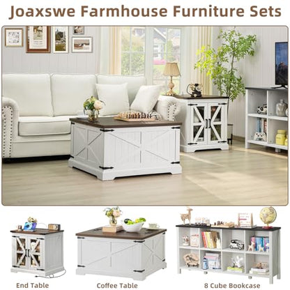 Joaxswe Farmhouse Coffee Table with Large Hidden Storage Compartment, Antique White Square Center Table, Wood Rustic Low Modern Living Room Tables with Hinged Lift Brown Top & Wooden Arc Base - color: White, style: With Base