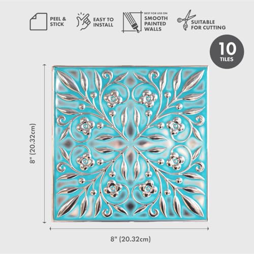 Peel and Stick Metal Tiles, Teal & Silver Leaves, 10-Pack | 8 x 8 in tile size; Covers up to 4.44 sq ft; Aluminum; Water-resistant surface; For kitchens, ceilings, DIY projects - style: Teal and Silver Leaves