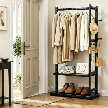 Solid Wood Clothes Rack with 2 Shelves & 4 Hooks for Hanging Clothes Garment Wallets Hats, Black Clothing Rack Heavy Duty Coat Rack Freestanding with Storage Hall Tree for Hallway Bedroom Living Room | Hallway bedroom living room, durable wood constructio