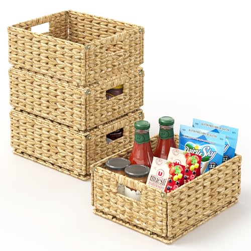 Pantry Wicker Storage Baskets for Shelves, 4 Pack Small Woven Baskets for Storage, Handmade Pantry Organizers and Storage, Boho Decor Water Hyacinth Pantry Organization - Natural