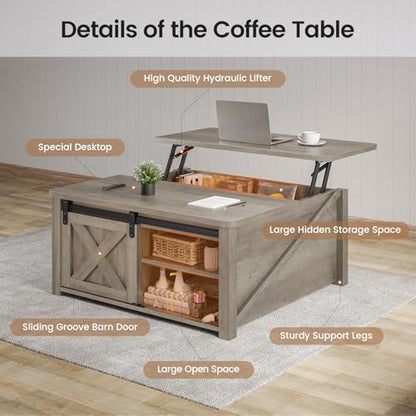 SEDETA 31.5" Lift Top Coffee Table with Storage, Square Coffee Tables for Living Room, Farmhouse Coffee Table with Large Hidden Storage Compartment and Adjustable Shelves, Grey - color: Grey