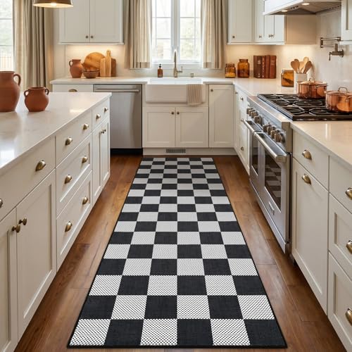 GarveeHome Checkered Black White 2x6 Washable Low-Pile Kitchen Runner Rug | Non-Slip Black and White Stain Resistant Rug for Kitchen Entryway Bedroom Bathroom Geometric Modern Rug TPE Backing - color: Dark, size: 2' x 6' (Rectangular)