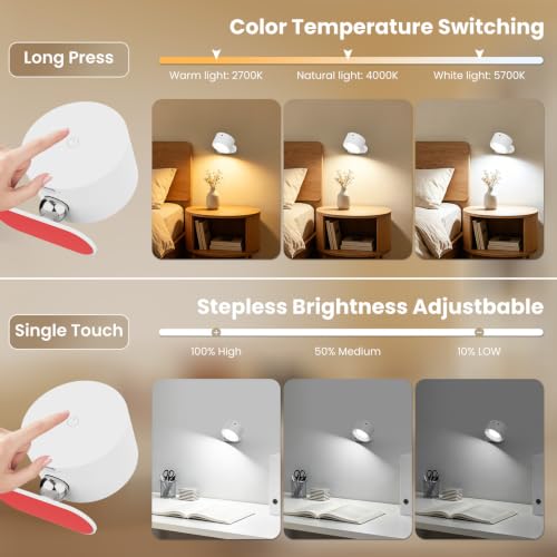 AKSDA 3Pack Battery Operated Wall Sconce, 3 Color Modes 3 Brightness Levels 360°Rotation Lighting Timer Touch & Remote Control, Wall Mounted Lamp LED Wall Lights for Bedroom Reading Bedside (White) - color: White-3PC