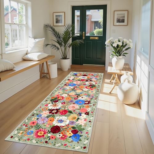 Rug for Hallways Kitchen Runner 2x8 Green | Non Slip Washable Rugs with Rubber Backing Soft Floral Carpet Runner for Hallways, Kitchen, Laundry, Bedroom, Bathroom - color: Green, size: 2' x 8' (Rectangular)