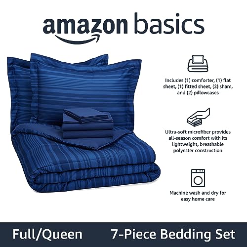Amazon Basics Full/Queen Comforter Set with Sheets, 7-Piece Blue Calvin Striped Bedding, Lightweight Microfiber Bed-in-a-Bag - color: Blue Calvin Striped, size: Full/Queen, style: 1-Pack