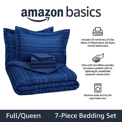 Amazon Basics Full/Queen Comforter Set with Sheets, 7-Piece Blue Calvin Striped Bedding, Lightweight Microfiber Bed-in-a-Bag - color: Blue Calvin Striped, size: Full/Queen, style: 1-Pack