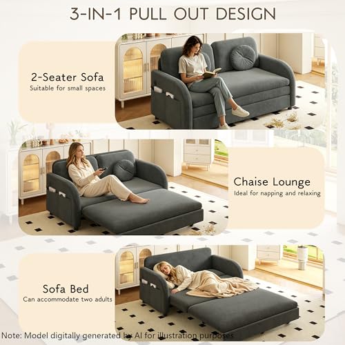 52.4'' Full Size Sleeper Sofa Bed, 3-in-1 Pull Out Chenille Couch, Grey | Cozy Curved Armrest, Loveseat with USB, 2 Round Pillows, Washable Cover, Pocket, for Living Room, Apartment, Small Spaces, RV - color: Grey, size: 52.4'' Full