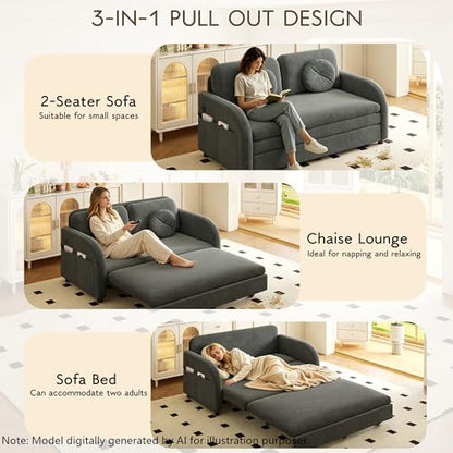52.4'' Full Size Sleeper Sofa Bed, 3-in-1 Pull Out Chenille Couch, Grey | Cozy Curved Armrest, Loveseat with USB, 2 Round Pillows, Washable Cover, Pocket, for Living Room, Apartment, Small Spaces, RV - color: Grey, size: 52.4'' Full