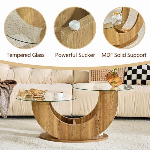 Modern Glass Coffee Table, 31.8" U-Shaped Wood Base Side Table with Tempered Glass Top, 2-Tier Round Accent Table with Natural Wood Finish for Living Room, Bedroom, Office - color: Natural Wood, size: 31.8" U-Shaped