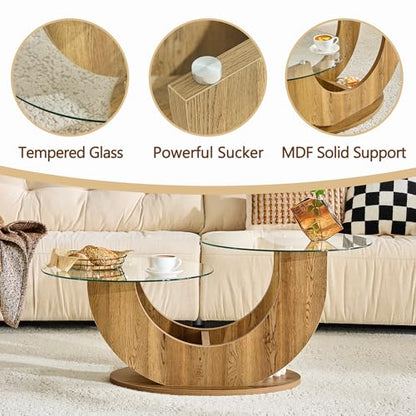 Modern Glass Coffee Table, 31.8" U-Shaped Wood Base Side Table with Tempered Glass Top, 2-Tier Round Accent Table with Natural Wood Finish for Living Room, Bedroom, Office - color: Natural Wood, size: 31.8" U-Shaped