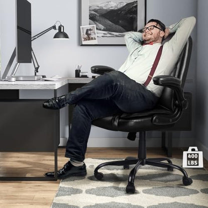 Flip-up Arms Office Desk Chair Big and Tall Managerial Executive Chair, High Back Computer Chair Ergonomic Adjustable Height PU Leather Chairs with Armrest for Long Time Sitting - color: New Black