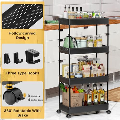 SPACEKEEPER Storage Cart 4-Tier, Bathroom Rolling Cart Utility Storage Organizer Shelf Mobile Shelving Unit for Kitchen Living Room Bathroom Laundry Room & Dressers, Black | Mobile Storage Cart for Laundry Room Organization,Kitchen,Office,Bathroom, Utilit