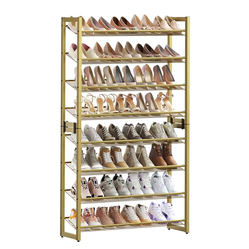 SONGMICS Metal Shoe Rack, 8-Tier Shoe Orgainzer, Holds 32-40 Pairs | Set of 2, Stackable Shoe Shelf for Garage, Adjustable Flat or Angled Shelves, Pale Gold, DARREN Collection ULMR008A02 - color: Pale Gold, size: 8 Tiers (36.4"W)