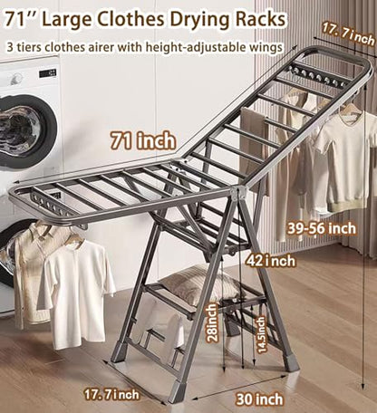 Large Clothes Drying Rack Foldable, 3-Level Metal Laundry Dryer Stand | Lightweight，Easy to Use＆Fold，Sturdy, Height-Adjustable, Movable, Complete with Heavy Items，Space Saving Clothes Dryer