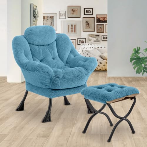 Lazy Chair with Folding Ottoman,Leisure Sofa Chair,Soft Fabric Armchair with Armrests and Side Pockets, Reading Chair with Footrest for Living Room, Bedroom, Office (Plush Blue) - color: Plush Blue