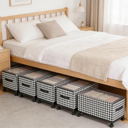 65L Under Bed Storage with Wheels, Adjustable Underbed Storage Bins, Foldable Dustproof Storage Container, 30.3×11.4×11.8 Inch Organizer for Clothes, Shoes, Blankets (black - Transparent Cover)