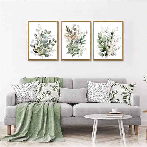 Sage Green Botanical Framed Wall Art Set of 3, 12x16 inch | Modern Botanical Wall Decor, Sage Green Plant and Leaf Prints, Bedroom Bathroom Living Room Art - color: Green, size: 12"x16" Natural Framed