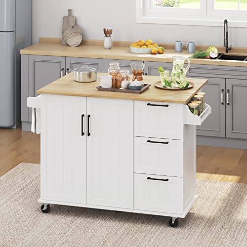 Yaheetech 53" Width Rolling Kitchen Island with Storage, Dropleaf, White | Kitchen Island on 5 Universal Wheels with Rubberwood Top Storage Cabinet, 3 Drawers, Towel/Spice Rack for Dining/Living Room - color: White, size: 53"W x 30"D x 36"H