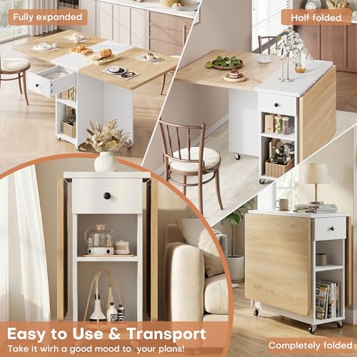 Jocoevol Space Saving Folding Dining Table for 4, Foldable Dining Table with Drawer and Storage Shelf, 6 Wheels Drop Leaf Kitchen Dining Room Table for Small Space (Natural, 47.2" x 23.6" x 29.9") - color: Oak