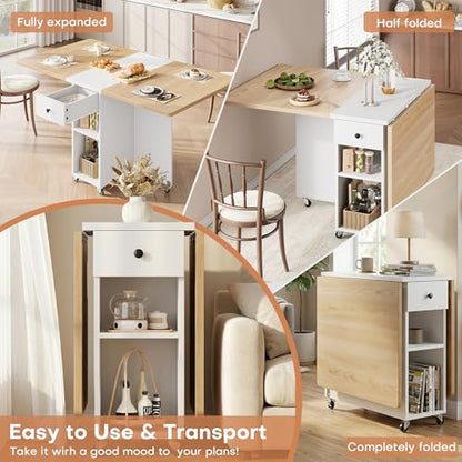 Jocoevol Space Saving Folding Dining Table for 4, Foldable Dining Table with Drawer and Storage Shelf, 6 Wheels Drop Leaf Kitchen Dining Room Table for Small Space (Natural, 47.2" x 23.6" x 29.9") - color: Oak