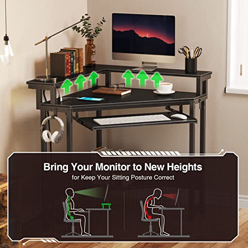 Rolanstar Corner Desk,44" W x 34" H Small Computer Desk with Power Outlets, Gaming Desk with LED Lights, Triangle Corner Table with Keyboard Tray & Monitor Stand for Small Space, Black