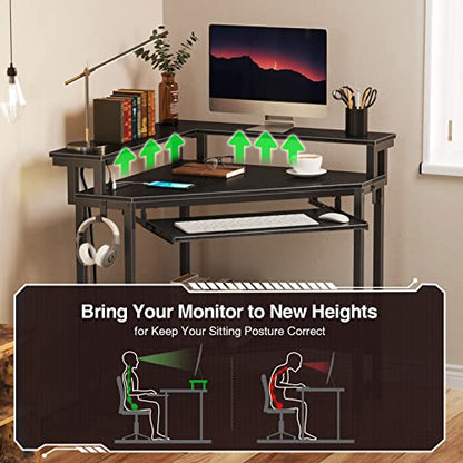 Rolanstar Corner Desk,44" W x 34" H Small Computer Desk with Power Outlets, Gaming Desk with LED Lights, Triangle Corner Table with Keyboard Tray & Monitor Stand for Small Space, Black
