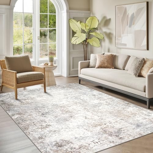 Beige Grey Washable Rugs 5x7 Area Rugs for Living Room,Bedroom,Dining Room | Modern Abstract,Ultra Soft Faux Wool,Kids & Pet Friendly,Non-Slip & Non-Shedding,Large Vintage Low Pile Rug for Home Office - color: Brown-grey-beige-slate, size: 5' x 7' (Rectan