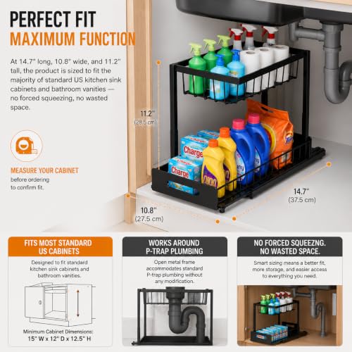 Highline Supply Under Sink Organizer, Kitchen Pantry Bathroom Organization | 2-Pack Organizer, Sliding Pull-Out Cabinet Organizing Rack, Metal Made for Durability, Black