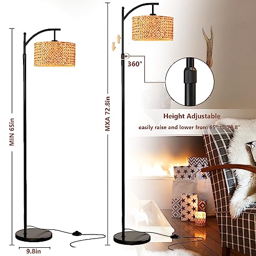 QIYIZM Floor Lamp for Living Room Bedroom Farmhouse Arc Rattan Boho Standing Lamp with Remote Dimmable Black Wicker Bamboo Lamp Shade Floor Light Adjustable Tall Lamp Industrial Floor Lamps Bohemian - size: 1-Floor Lamp