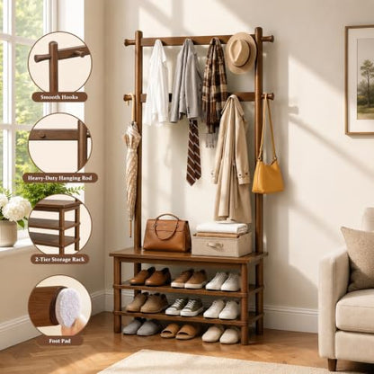 Hall Tree Bench Shoe Storage Organizer 11 Hooks, Mudroom hallway entryway, Freestanding durable construction, Family daily use, Space saving - size: 27.2" Long