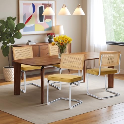 Rattan Dining Chairs Set of 4,Velvet Cesca Chair Kitchen Chair,Gold | VICBARLEY Mid Century Modern Dining Chairs,Wood Cane Backrest&Chrome Base,Upholstered Side Chair for Dining Room,Kitchen - color: Gold, size: Set of 4
