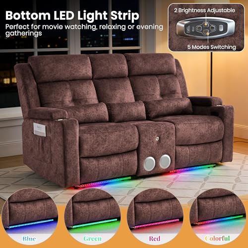 Power Reclining Loveseat with Flip Backrest, Power Loveseat Recliner Sofa with LED Lights, Bluetooth Speaker, 3-Seater Recliner Sofa with Arm/Seat Storage (Brown, Loveseat with Console) - color: Brown, size: Loveseat with Console