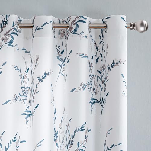 MYSKY HOME Navy Blue Floral Curtains 63 Inch Length for Bedroom Living Room | Light Filtering Privacy Protection Flower Printed Window Treatments for Dining Room, Each Panel 52" W, 2 Panels, Grommet - color: A-navy Blue, size: 52"W x 63"L (Pack of 2)