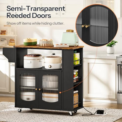 HOOBRO Kitchen Island with Power Outlet, Rolling Kitchen Island with Glass Doors and Open Storage Shelf, Island Table with Spice Rack, Towel Rack for Kitchen, Rustic Brown and Black BF53UZD01