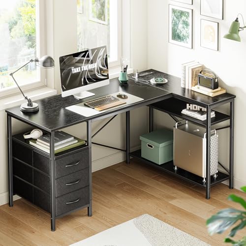 Huuger L Shaped Office Desk with Power Outlets & 3 Drawers | 47 Inch Computer Desk with Shelves, for Gaming, Corner Work, Home Office, Study, Black - color: Black, size: 47inch
