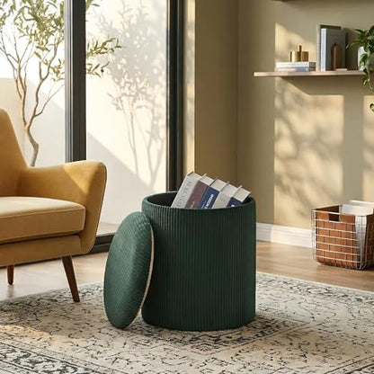 Round Storage Ottoman with Tray Lid | Upholstered Vanity Stool for Makeup, Ottomans Coffee Table, Small Foot Rest for Living Room Bedroom - color: Dark Green - Upgrade Taray Lid