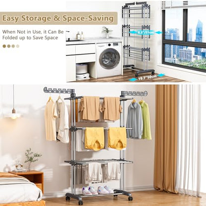 Upgraded 4-Tier Clothes Drying Rack, Drying Rack Clothing with Wheels | Large Foldable Laundry Drying Rack, Clothes Rack with Side Hooks for Indoor Outdoor Air Drying, 19.68"D x 29.9"W x 67.7"H - size: 19.68"D x 29.92"W x 67.70"H