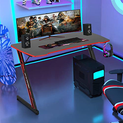 BestOffice | 47" Gaming Table | Red | Z-Shaped Computer Desk | with Steel Frame, Headphone Hook, Adjustable Feet | Carbon Fiber Texture| Easy to Clean | for Gaming, Home Office - color: Red, size: 47 Inch Z Shaped