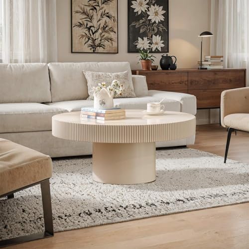 Round Drum Fluted Coffee Table (G) | Modern Wood Coffee Table with Circle Pedestal Center Tables Fluted Accent Tea Tables for Apartment Living Room - color: G