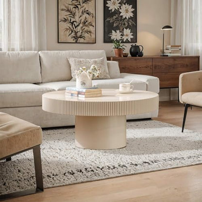 Round Drum Fluted Coffee Table (G) | Modern Wood Coffee Table with Circle Pedestal Center Tables Fluted Accent Tea Tables for Apartment Living Room - color: G