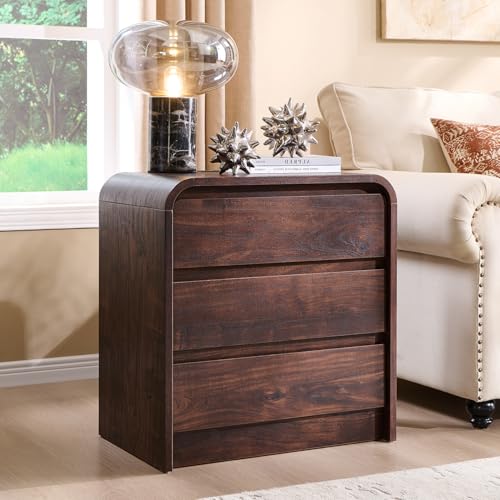 Aitjunz 25" Tall Modern Nightstand with Charging Station, 23.6'' Wide Wood Bedside Table w/3 Storage Drawers, Small Dresser w/Curved Profile Design, End Table for Bedroom, Brown - color: Brown