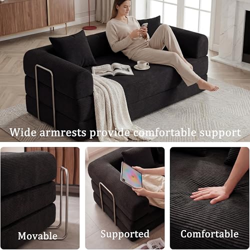 59" Boneless Couch,4-in-1 Futon Sofa Bed Modular Loveseat Sleeper Folding Compressed Couch with Pillows,No Assembly Required Convertible Sofa Bed for Living Room Bedroom Guest Room,Black - color: Black, size: 59.06" Loveseat Sofa