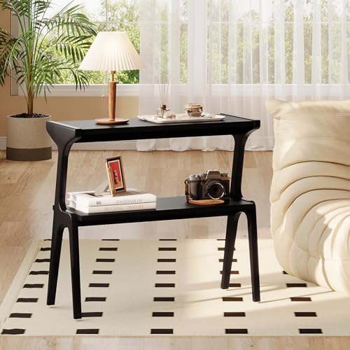 Solid Wood End Table | 2-Tier Side Table with Storage Shelf, Accent Slim Bedside Table for Sofa, Living Room, Bedroom, Small Space, Black - color: Black