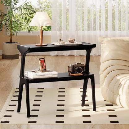 Solid Wood End Table | 2-Tier Side Table with Storage Shelf, Accent Slim Bedside Table for Sofa, Living Room, Bedroom, Small Space, Black - color: Black
