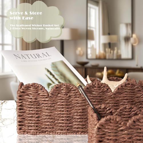 Scalloped Wicker Basket Set of 3, Hand-Woven Storage with Handles | set of 3 brown scalloped baskets with handles. Hand-woven paper rope for shelves, bathroom or closet. Stackable, sturdy. - color: Brown